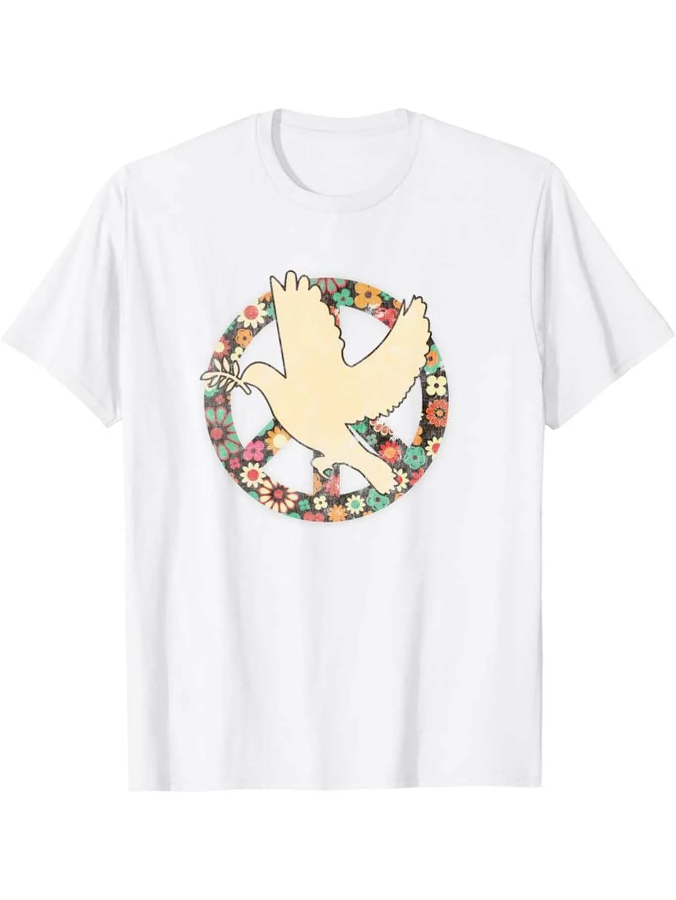 Tailorly Men's Printed Tee - Floral Peace Symbol With Soaring Cream Colored Dove sold by Tailorly