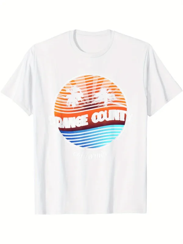 Tailorly Men's Printed Tee - Orange County Sunset Stripes With Palm Trees And Blue Ocean made by Tailorly