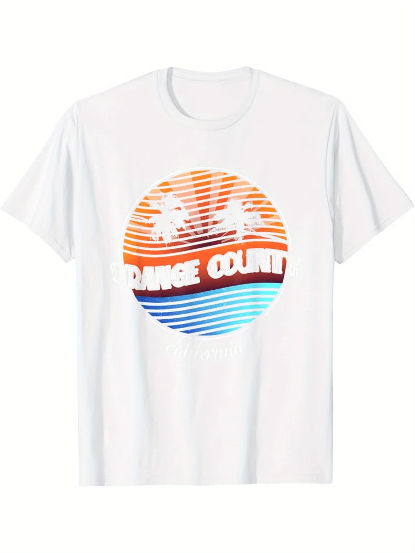 Tailorly Men's Printed Tee - Orange County Sunset Stripes With Palm Trees And Blue Ocean sold by Tailorly