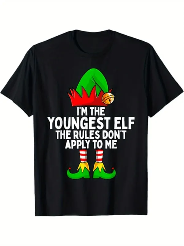 Tailorly Men's Printed Tee - Im The Youngest Elf Christmas Costume With Hat And Striped Socks Elf made by Tailorly