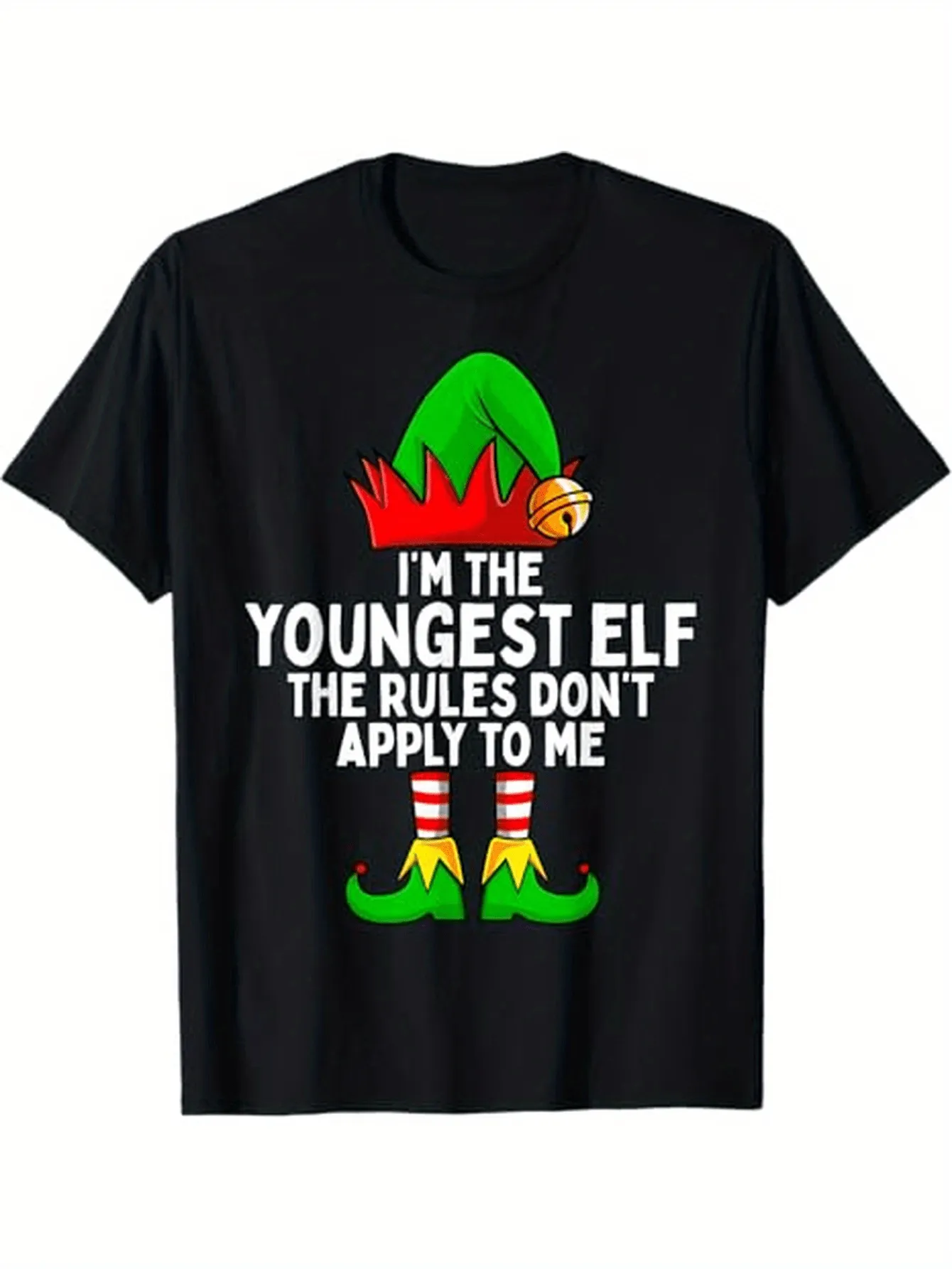 Tailorly Men's Printed Tee - Im The Youngest Elf Christmas Costume With Hat And Striped Socks Elf sold by Tailorly