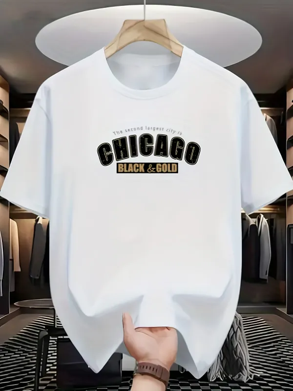 Tailorly Men's Printed Tee - Chicago Black And Gold Text Print On White Cotton Shirt made by Tailorly