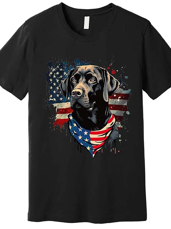 Tailorly Men's Printed Tee - Patriotic Bandana With American Flag Behind Black Labrador Dog made by Tailorly
