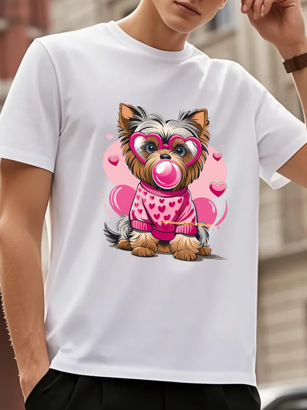 Tailorly Men's Printed Tee - Valentine Hearts With Playful Yorkie Puppy Wearing Pink Glasses made by Tailorly