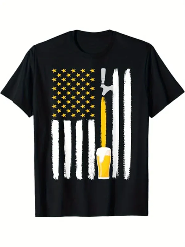 Tailorly Men's Printed Tee - Yellow Beer Glass Among American Flag Brushstroke Graphic made by Tailorly