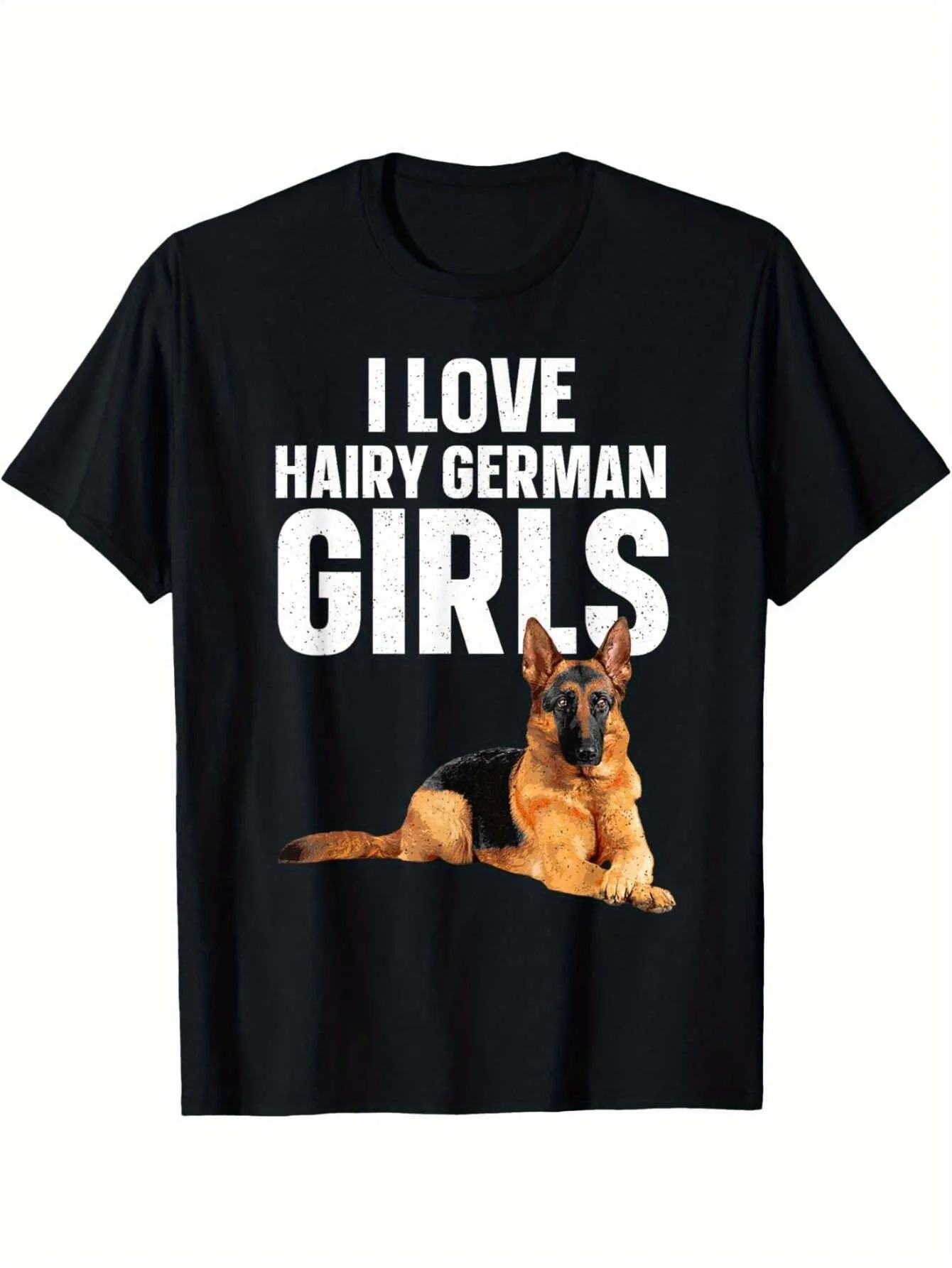 Tailorly Men's Printed Tee - I Love Hairy German Girls Bold White Letters With Photo Realistic Sitting Dog sold by Tailorly