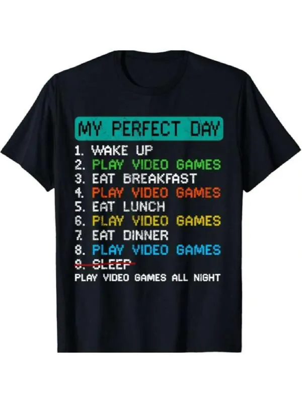 Tailorly Men's Printed Tee - My Perfect Day Colorful Text Play Video Games Design made by Tailorly
