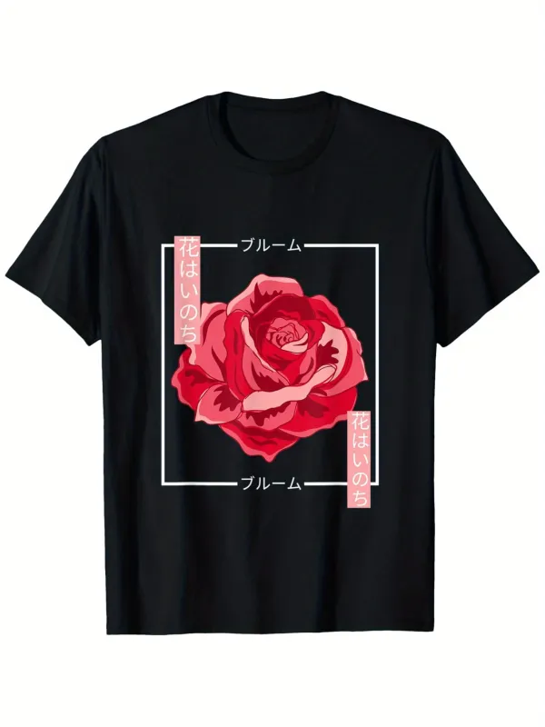 Tailorly Men's Printed Tee - Vivid Red Petals With Minimalist Lines Surrounding A Blooming Rose made by Tailorly