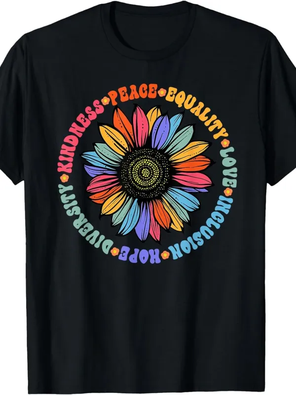 Tailorly Men's Printed Tee - Hope Kindness Peace Equality With Multicolored Petals Radiating Around Sunflower made by Tailorly