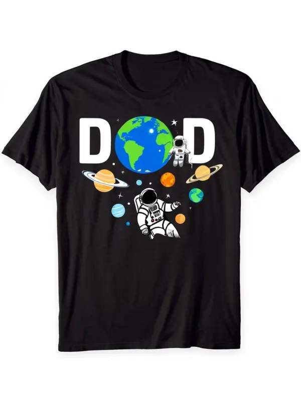 Tailorly Men's Printed Tee - Dad With Colorful Planets Orbiting Among Floating Astronaut And Earth made by Tailorly