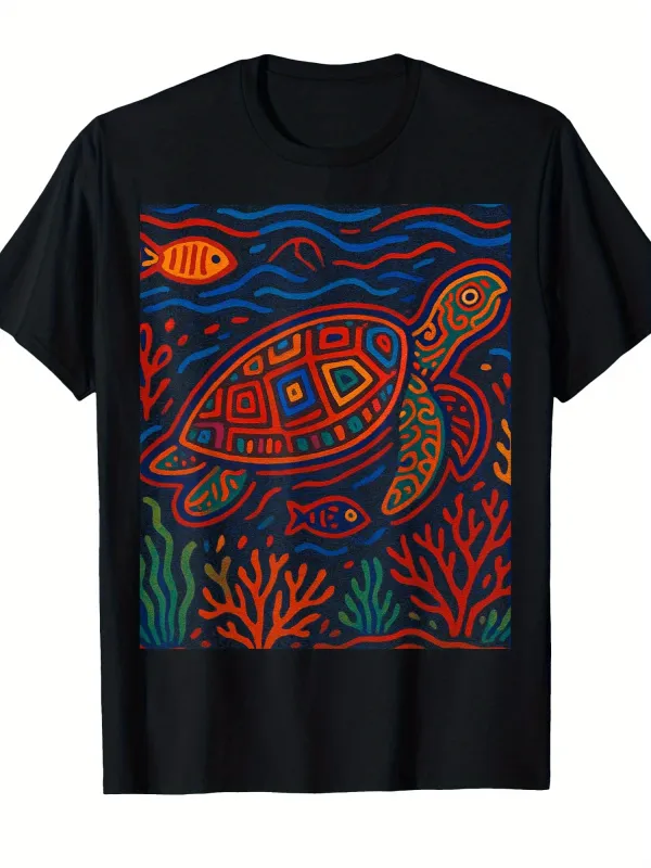 Tailorly Men's Printed Tee - Vivid Underwater Scene With Abstract Coral And Swimming Sea Turtle made by Tailorly