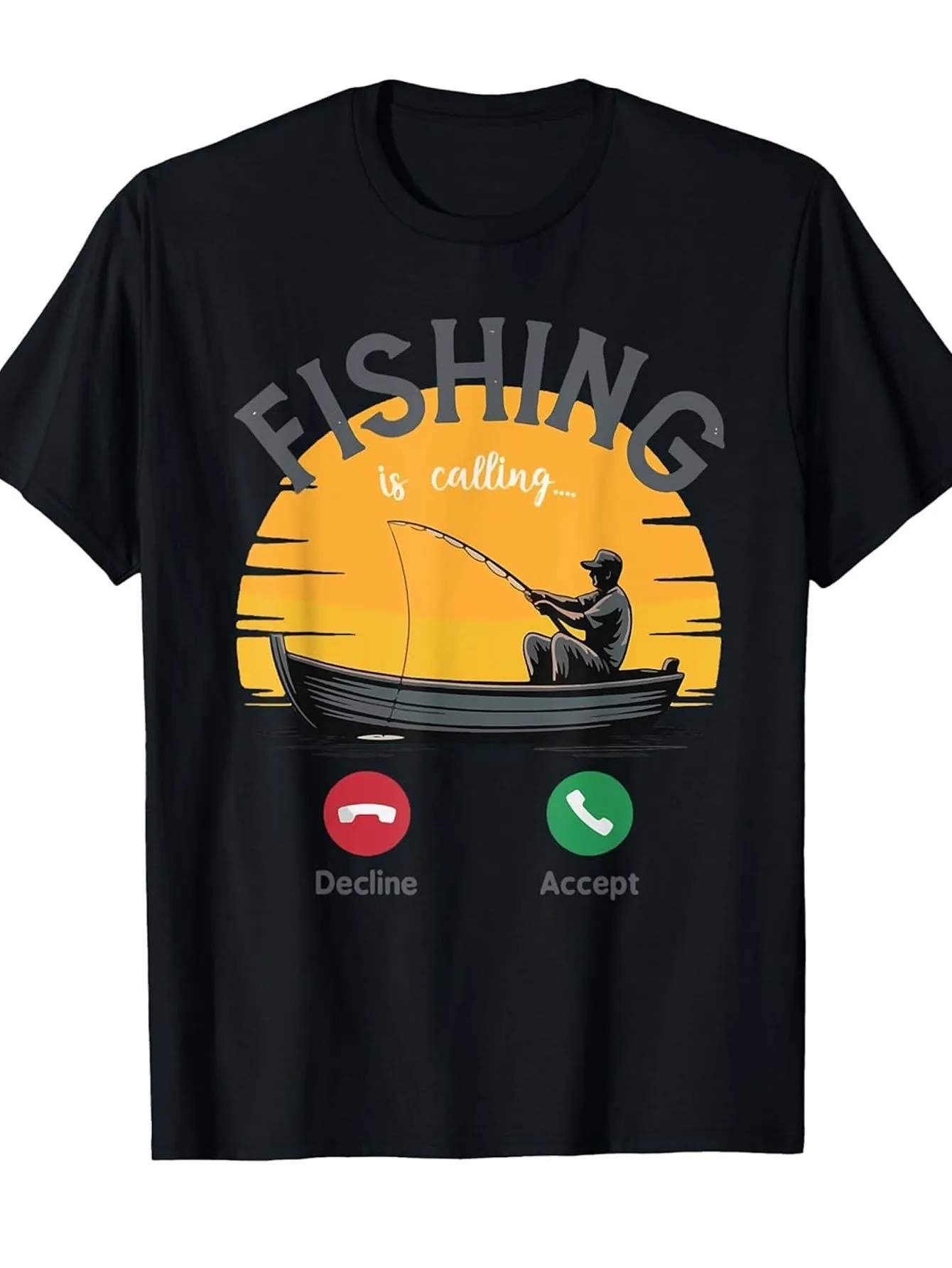 Tailorly Men's Printed Tee - Fishing Is Calling Silhouette Boat With Orange Sunset And Phone Icons Fisherman sold by Tailorly
