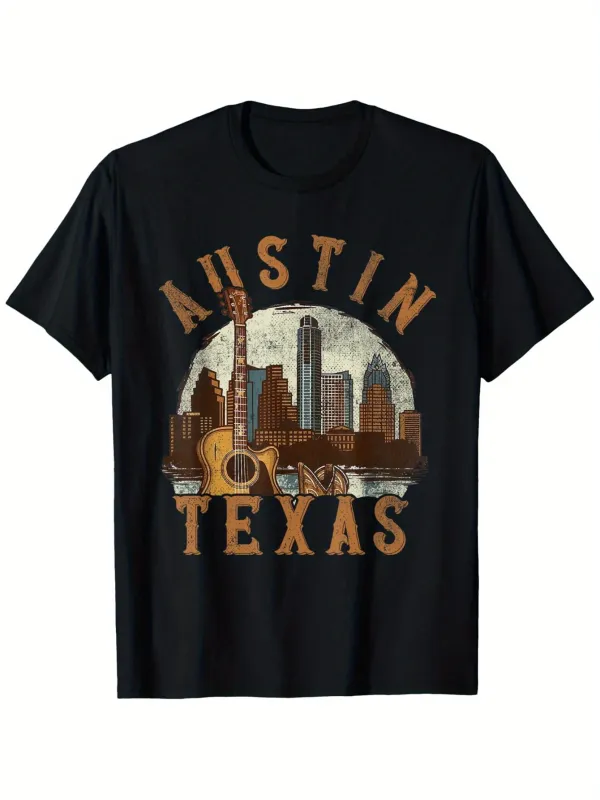 Tailorly Men's Printed Tee - Austin Texas Vintage Guitar With Sunlit Skyline And City Architecture made by Tailorly