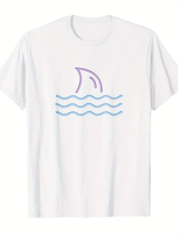 Tailorly Men's Printed Tee - Minimalist Blue Waves With A Shark Fin Under Sunlight Sea made by Tailorly