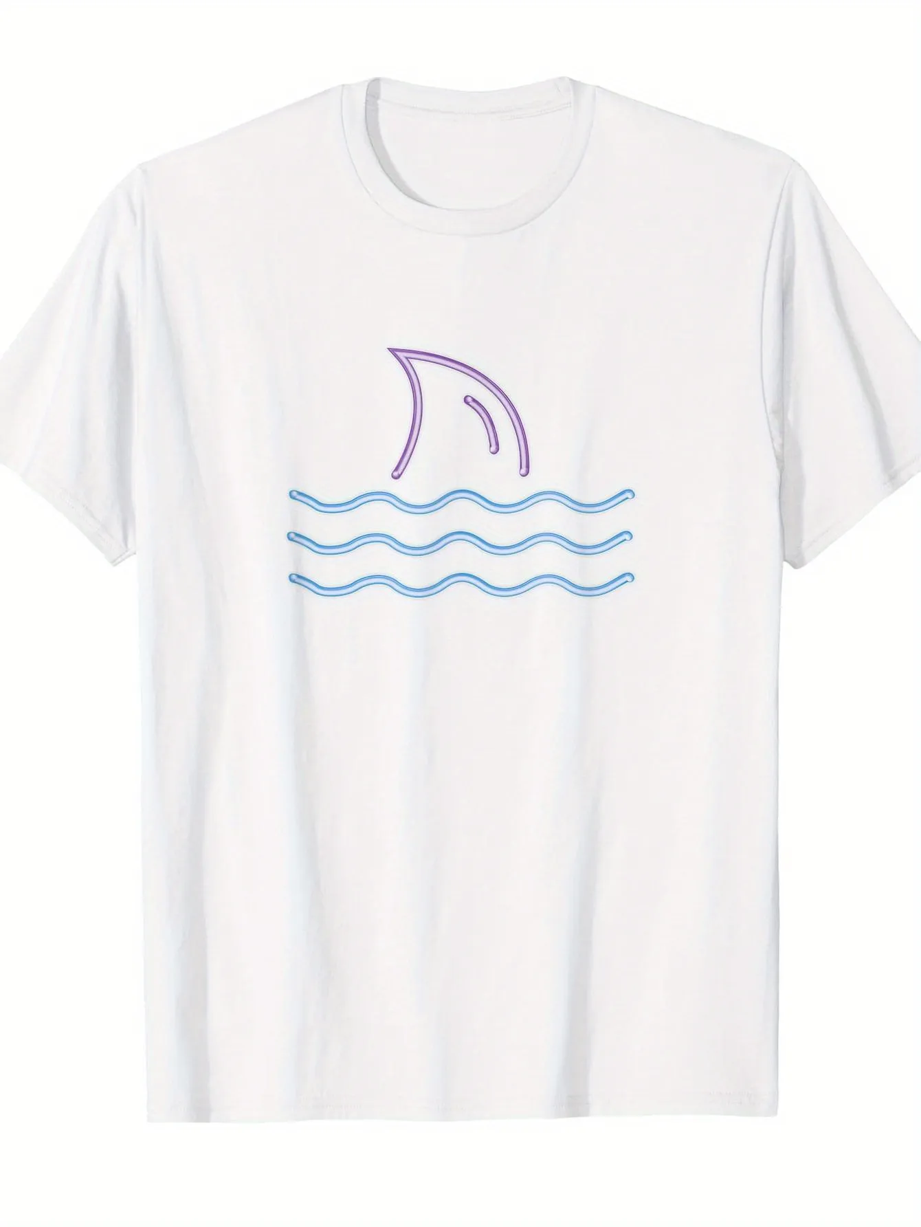 Tailorly Men's Printed Tee - Minimalist Blue Waves With A Shark Fin Under Sunlight Sea sold by Tailorly