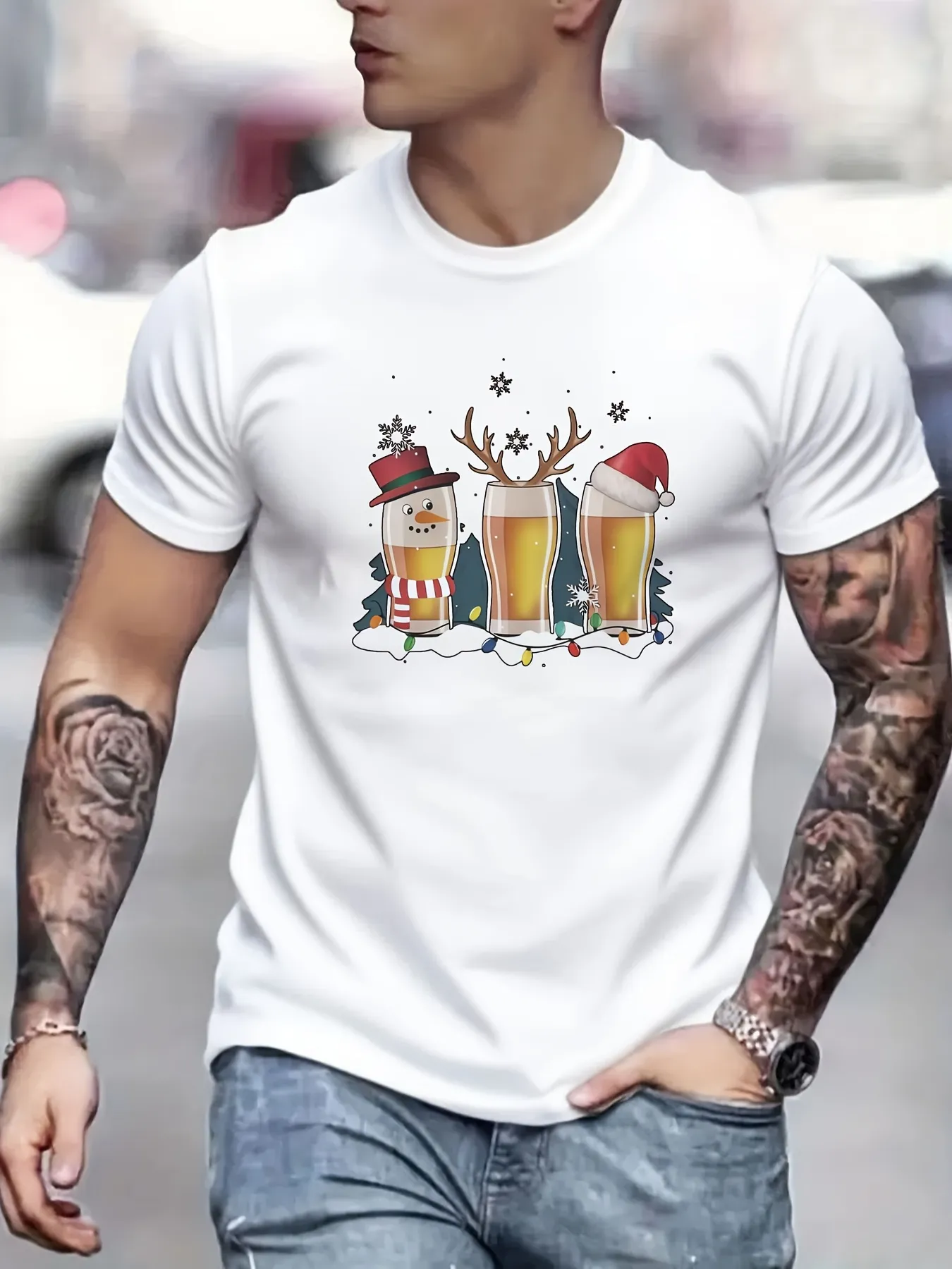 Tailorly Men's Printed Tee - Christmas Hats Snow And Cheerful Reindeer With Festive Beer Glasses sold by Tailorly