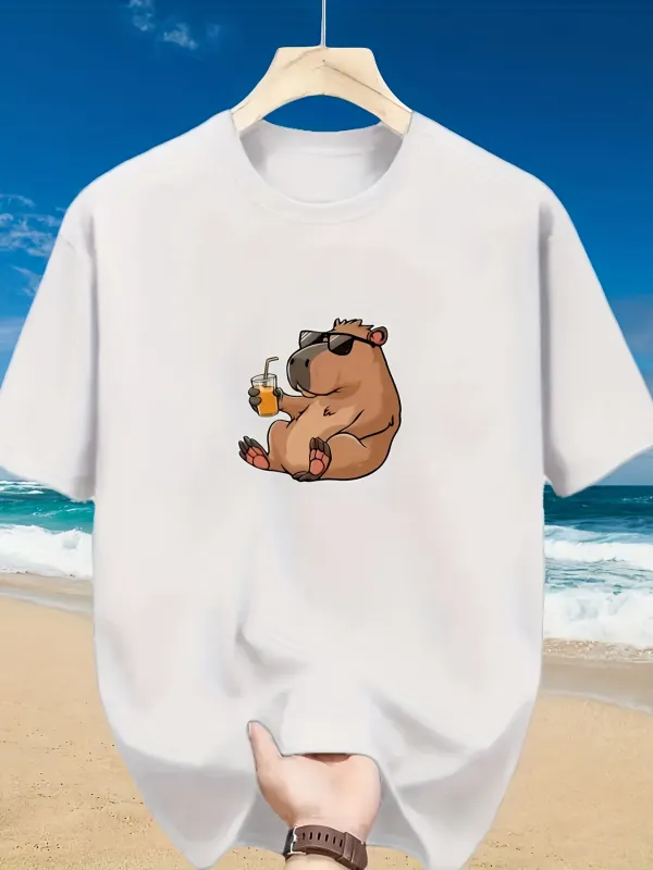 Tailorly Men's Printed Tee - Cartoon Capybara Relaxing On Beach With Sunglasses And Cocktail made by Tailorly
