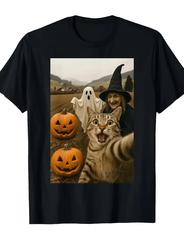 Tailorly Men's Printed Tee - Autumn Fields With Cat Taking Selfie Beside Pumpkins And Witch made by Tailorly