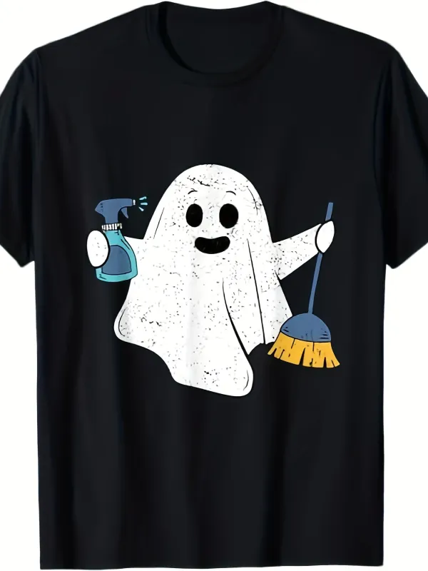 Tailorly Men's Printed Tee - Playful Cartoon Ghost Holding Broom And Spray Cleaner made by Tailorly