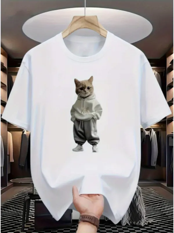 Tailorly Men's Printed Tee - Chilled Urban Streetwear Look With Grey Hoodie Cat made by Tailorly