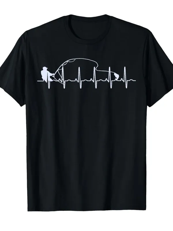 Tailorly Men's Printed Tee - Heartbeat Line With Fishing Rod River And Relaxed Fisherman made by Tailorly