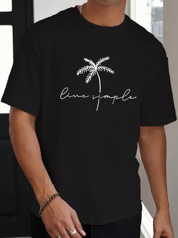 Tailorly Men's Printed Tee - Live Simple With Sketched Palm Tree Underhand Script made by Tailorly
