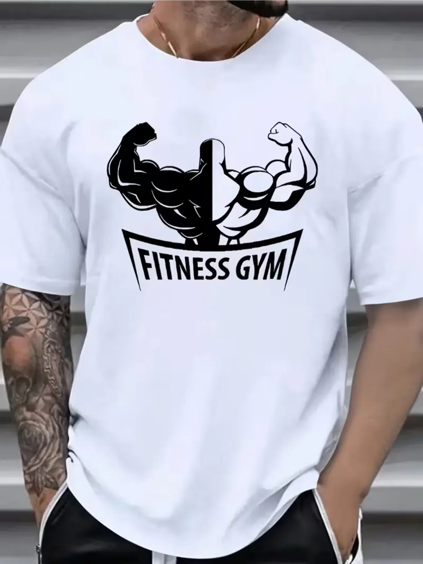 Tailorly Men's Printed Tee - Fitness Gym Flexing Muscular Arms With Contrasting Black And White Strength sold by Tailorly