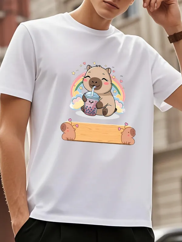Tailorly Men's Printed Tee - Rainbow With Clouds And Cartoon Animal Holding A Drink Capybara made by Tailorly
