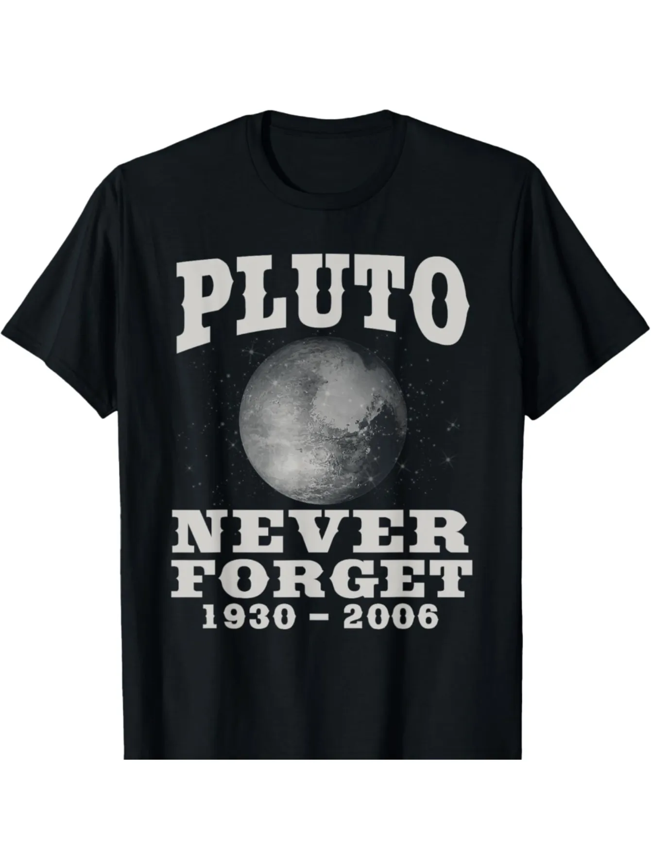 Tailorly Men's Printed Tee - Pluto Never Forget Retro Astronomical Illustration With Classic Typeface Planet sold by Tailorly