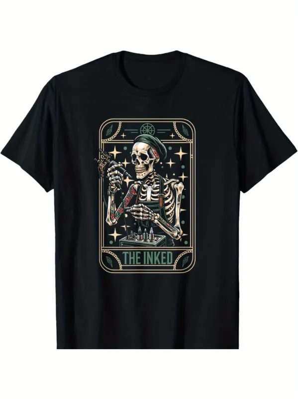 Tailorly Men's Printed Tee - Vintage Skeleton Surrounded By Stars Holding Tattoo Machine made by Tailorly