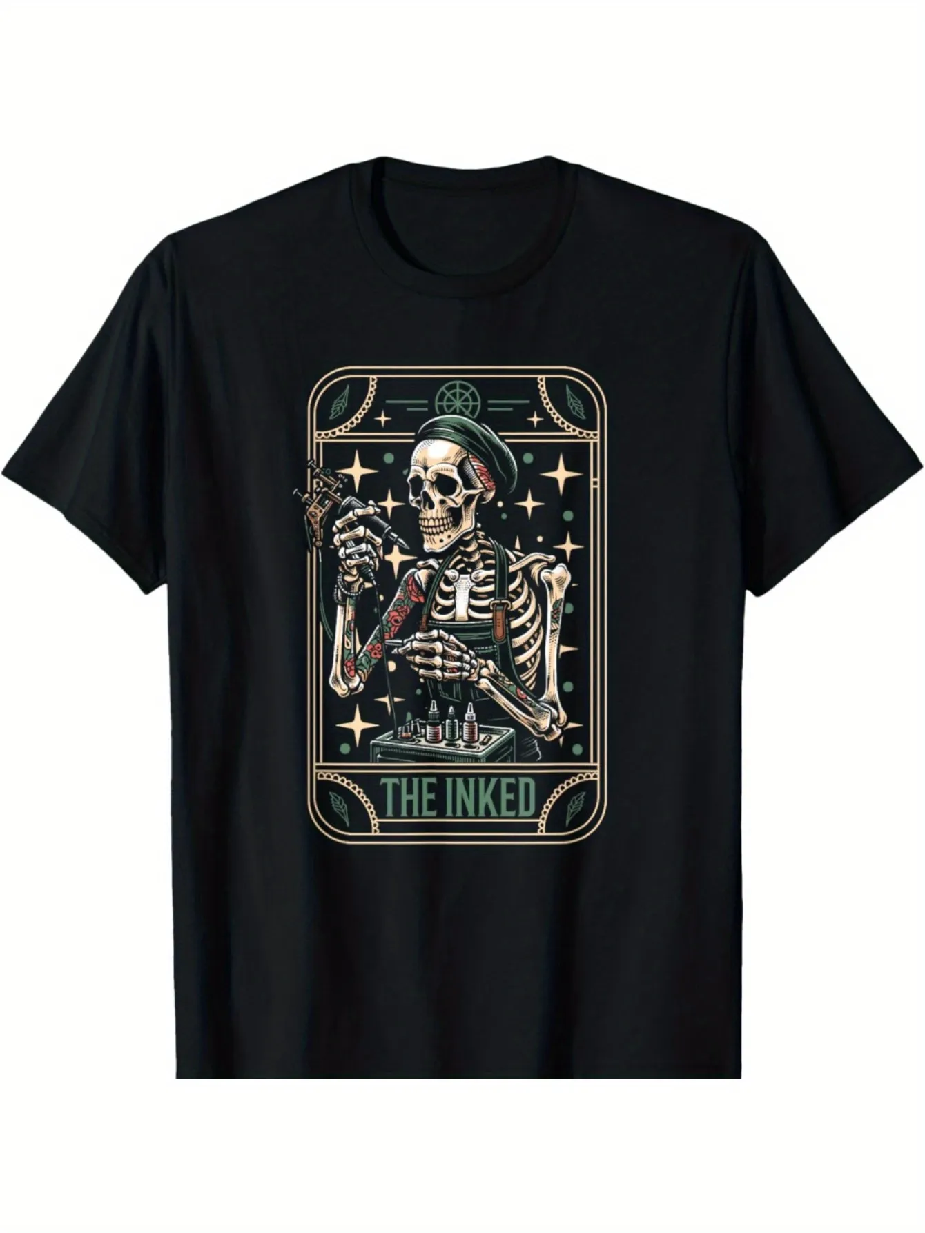 Tailorly Men's Printed Tee - Vintage Skeleton Surrounded By Stars Holding Tattoo Machine sold by Tailorly