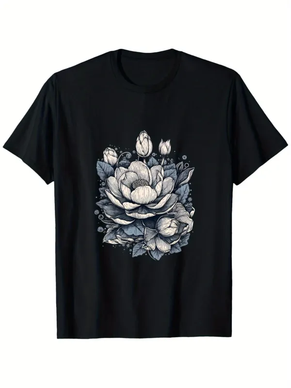 Tailorly Men's Printed Tee - Delicate Petals With Shaded Leaves And Fully Bloomed Elegant Flower made by Tailorly