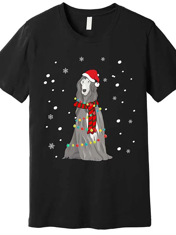 Tailorly Men's Printed Tee - Grey Dog Wrapped With Christmas Lights And Santa Hat In Falling Snow made by Tailorly