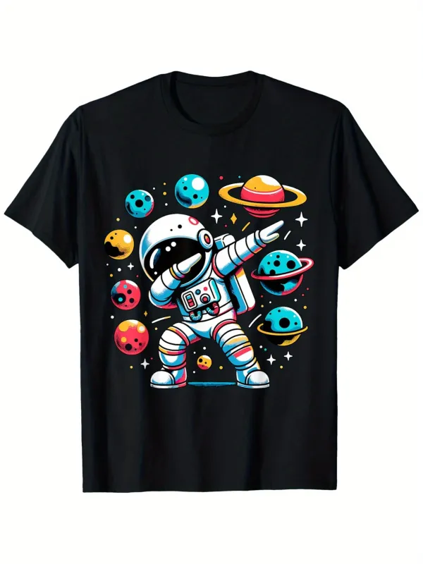 Tailorly Men's Printed Tee - Colorful Outer Space Planets Orbiting A Dab Dancing Astronaut made by Tailorly