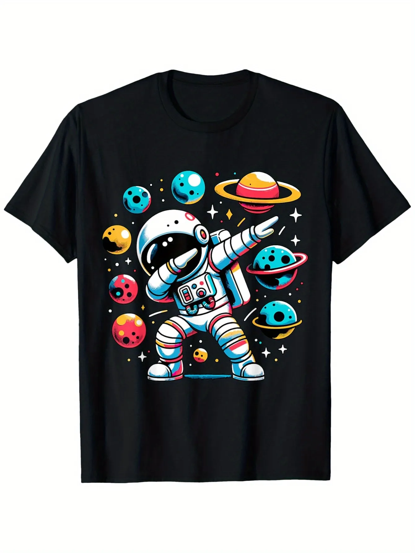 Tailorly Men's Printed Tee - Colorful Outer Space Planets Orbiting A Dab Dancing Astronaut sold by Tailorly
