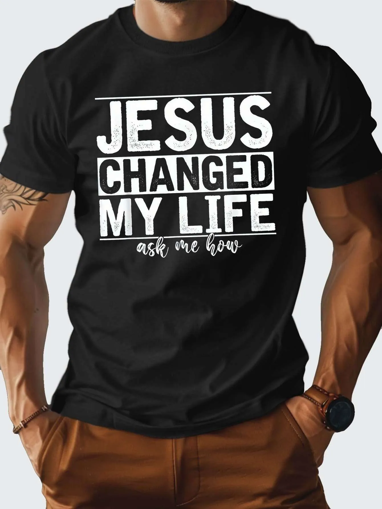 Tailorly Men's Printed Tee - Jesus Changed My Life Ask Me How Bold Statement Black T Shirt sold by Tailorly