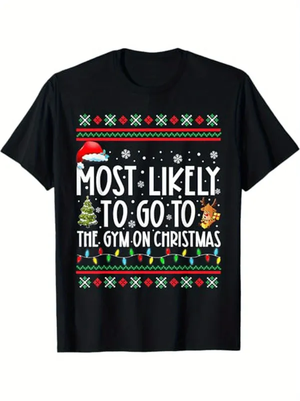 Tailorly Men's Printed Tee - Most Likely To Go To The Gym On Christmas Festive Snowflakes Santa Hat Christmas Tree Gingerbread Star TShirt made by Tailorly
