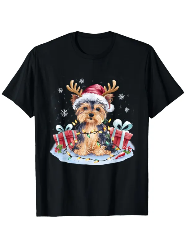 Tailorly Men's Printed Tee - Festive Gifts And Snowflakes With Yorkshire Terrier In Santa Hat made by Tailorly