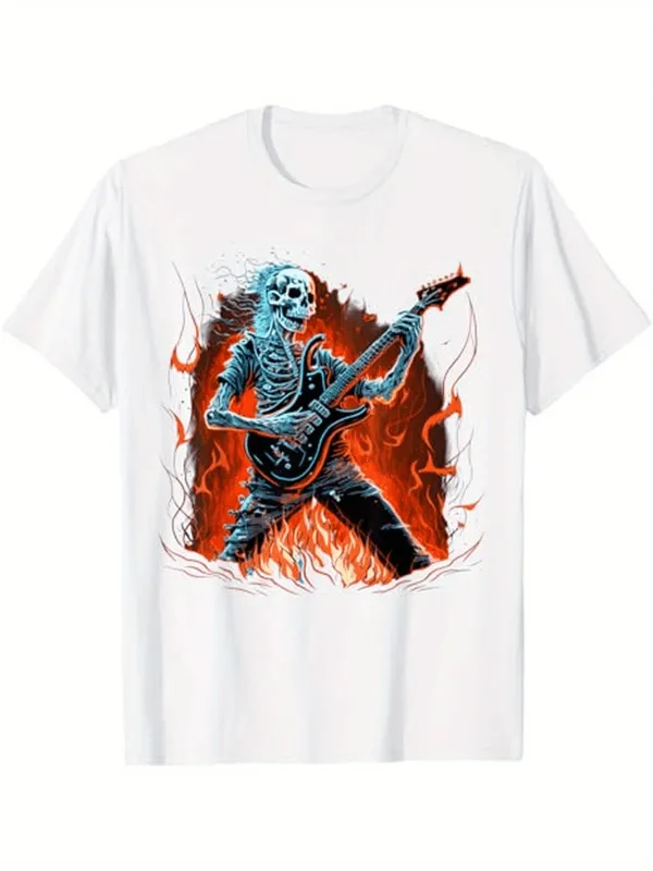 Tailorly Men's Printed Tee - Fiery Stage With Blue Skeleton Rock Star Guitarist Surrounded By Flames made by Tailorly
