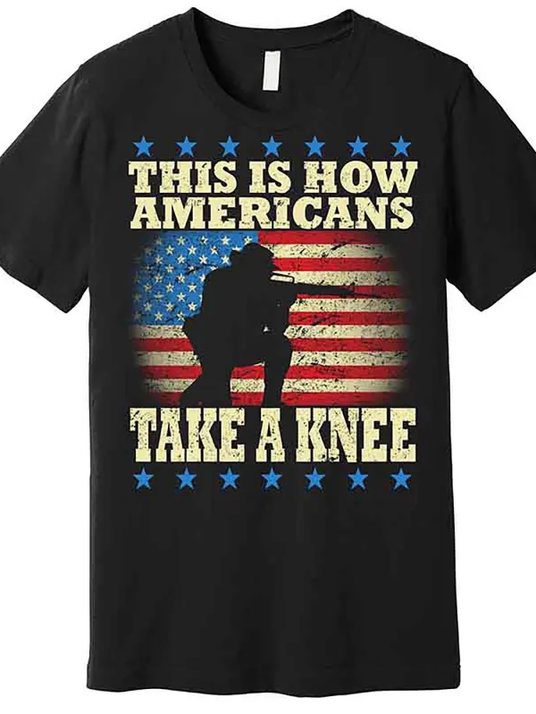 Tailorly Men's Printed Tee - This Is How Americans Take A Knee Soldier Silhouette Against United States Flag Background made by Tailorly