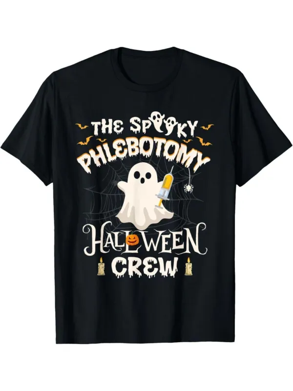 Tailorly Men's Printed Tee - The Spooky Halloween Crew With Floating Ghost Holding Needle made by Tailorly