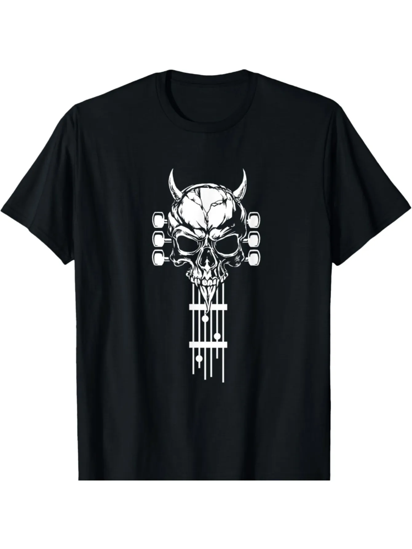Tailorly Men's Printed Tee - Electric Punk Skull With Guitar Strings And Horned Head sold by Tailorly