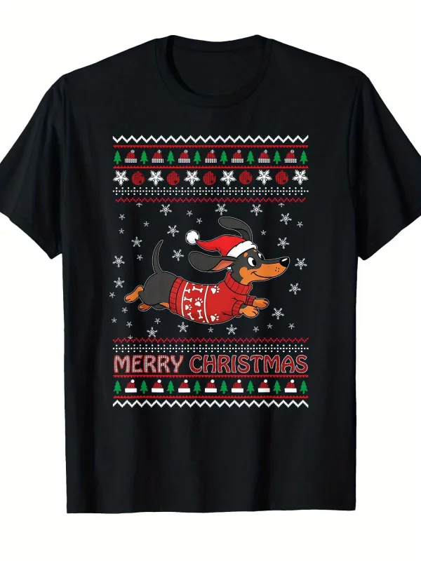 Tailorly Men's Printed Tee - Merry Christmas Running Dachshund Wearing Festive Red Sweater And Santa Hat Surrounded By Snowflakes made by Tailorly