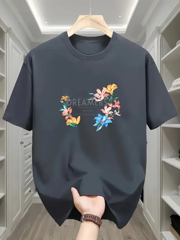 Tailorly Men's Printed Tee - Dream With Colorful Blossoms And Soaring Bluebird Surrounded By Floating Petals made by Tailorly