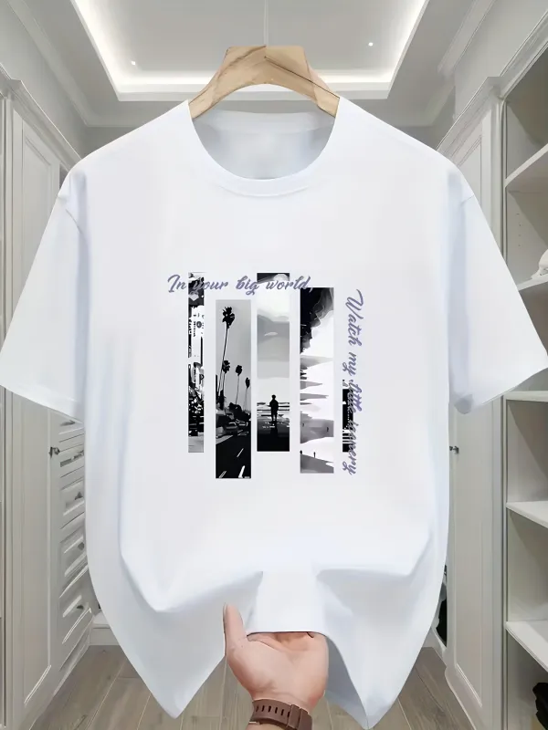 Tailorly Men's Printed Tee - Summer Cityscape With Palm Trees In Monochrome Sunset Urban Street made by Tailorly