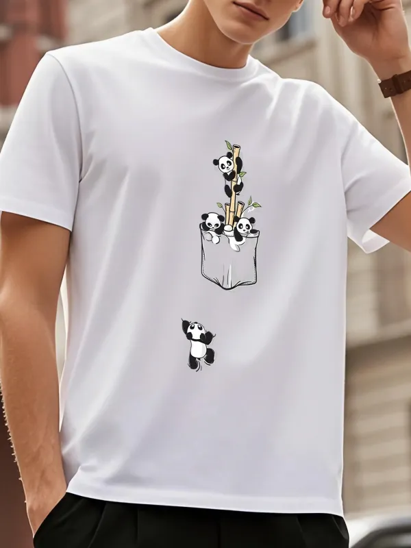Tailorly Men's Printed Tee - Cartoon Pocket Illustrations With Playful Black And White Panda Cubs made by Tailorly
