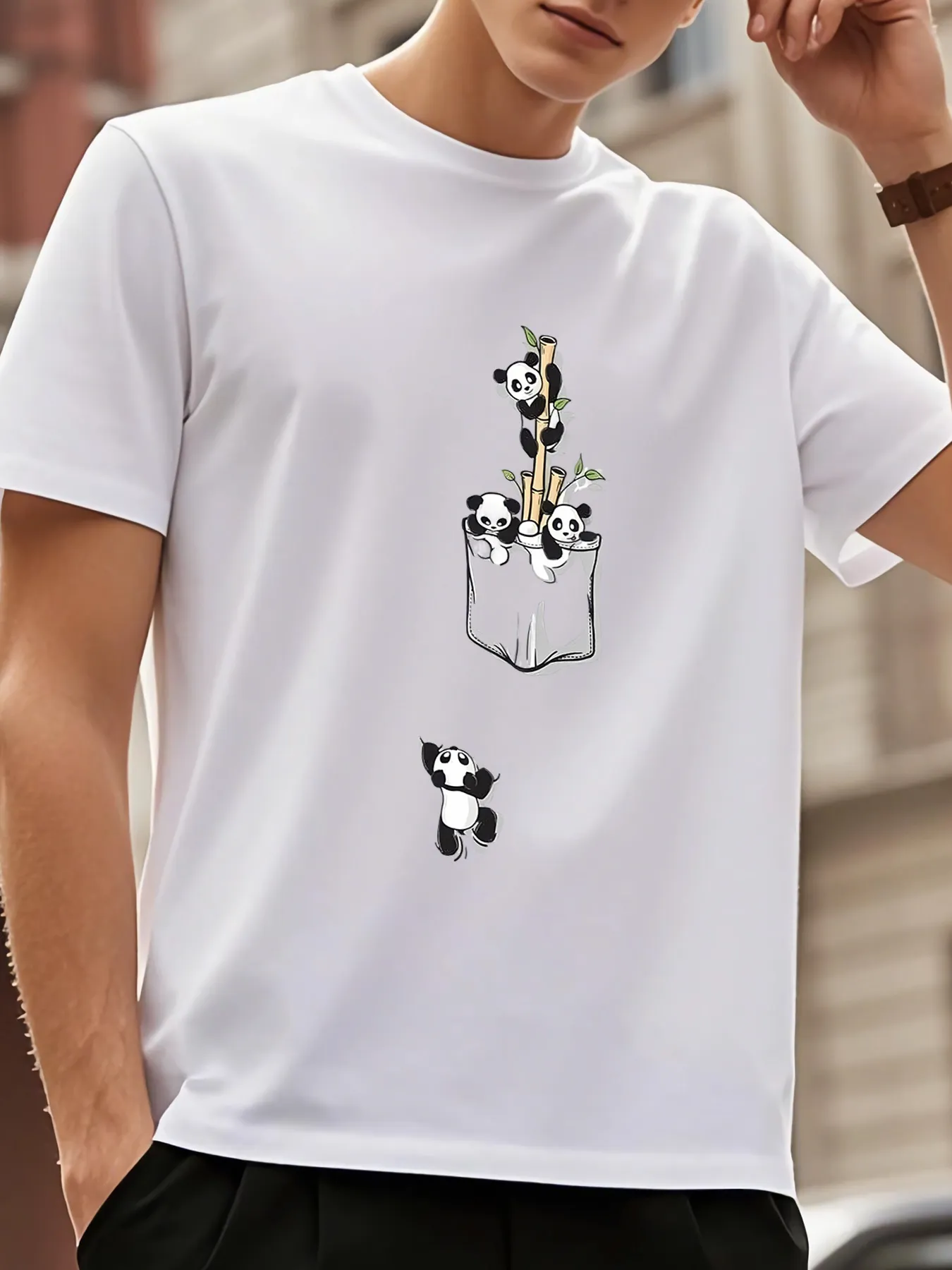 Tailorly Men's Printed Tee - Cartoon Pocket Illustrations With Playful Black And White Panda Cubs sold by Tailorly