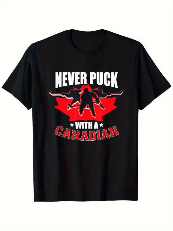 Tailorly Men's Printed Tee - Never Puck With A Canadian Red Leaf Silhouette With Hockey Player Black Shirt made by Tailorly