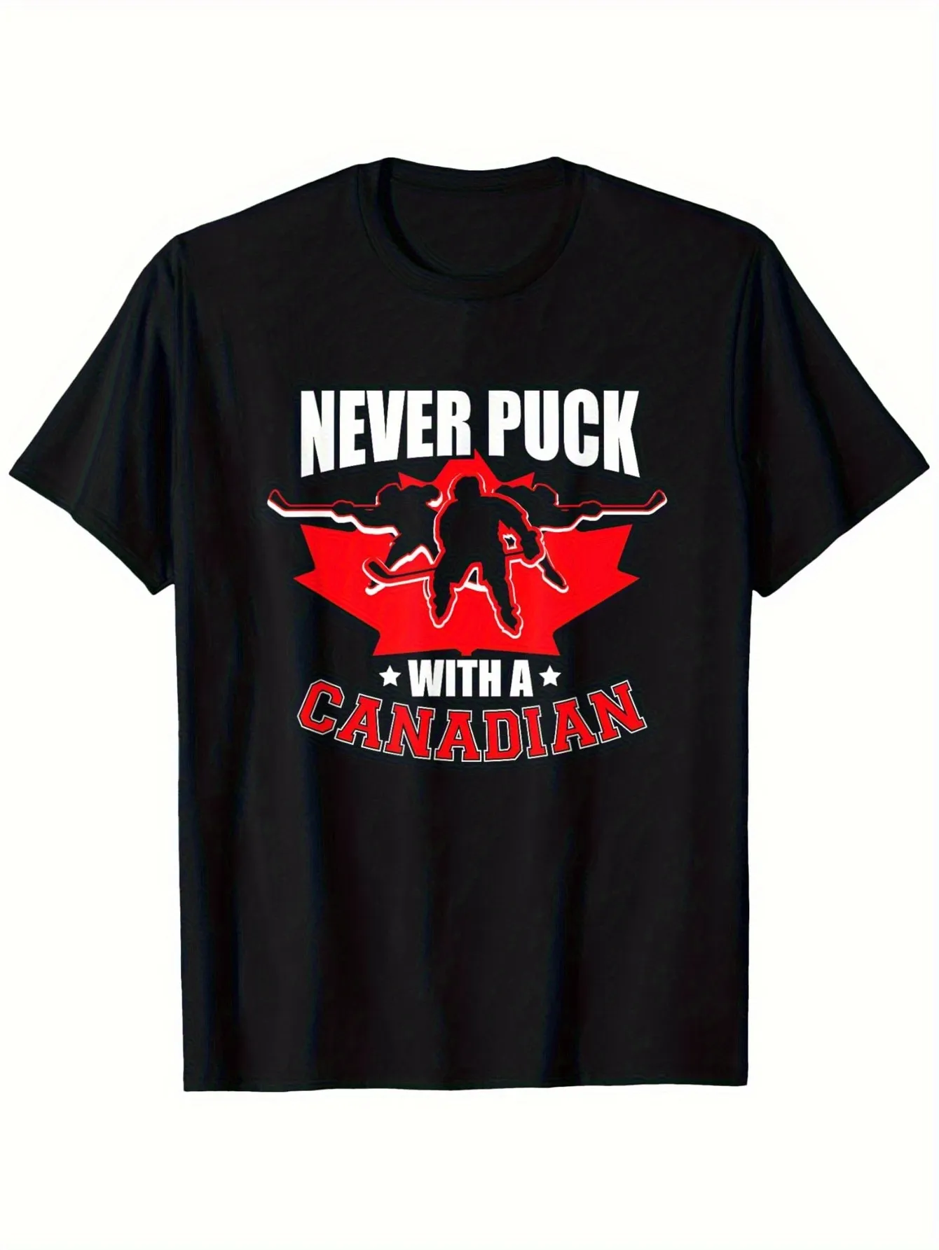 Tailorly Men's Printed Tee - Never Puck With A Canadian Red Leaf Silhouette With Hockey Player Black Shirt sold by Tailorly