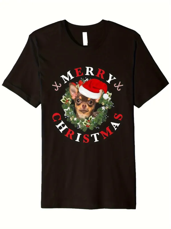 Tailorly Men's Printed Tee - Merry Christmas Festive Wreath With Santa Hat Wearing Funny Chihuahua Dog made by Tailorly